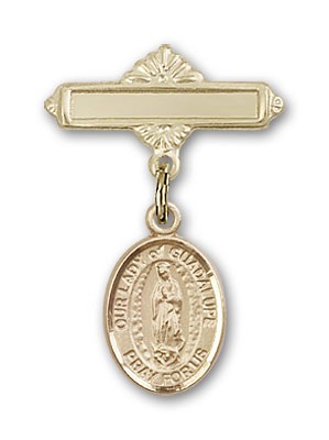 Pin Badge with Our Lady of Guadalupe Charm and Polished Engravable Badge Pin - Gold Tone