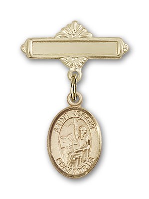 Pin Badge with St. Jerome Charm and Polished Engravable Badge Pin - 14K Solid Gold