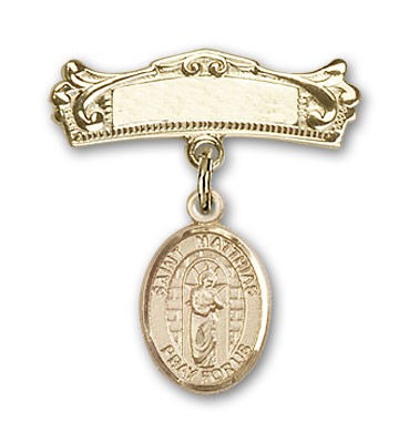 Pin Badge with St. Matthias the Apostle Charm and Arched Polished Engravable Badge Pin - Gold Tone