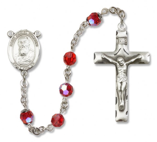 St. Daniel Comboni Sterling Silver Heirloom Rosary Squared Crucifix - Ruby Red