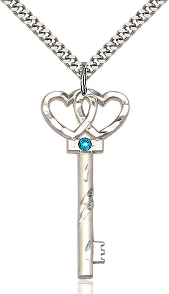 Larger Double Hearts Key Pendant with Birthstone - Zircon