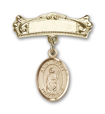 Pin Badge with St. Grace Charm and Arched Polished Engravable Badge Pin - 14K Solid Gold