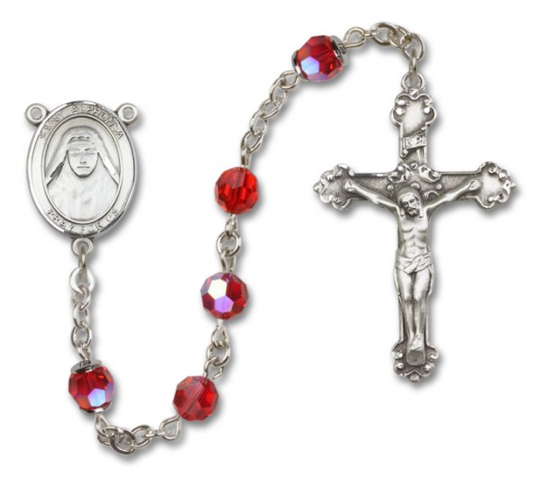 St. Alphonsa Sterling Silver Heirloom Rosary Fancy Crucifix - Ruby Red