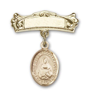 Pin Badge with Marie Magdalen Postel Charm and Arched Polished Engravable Badge Pin - Gold Tone