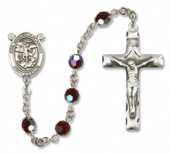San Miguel the Archangel Sterling Silver Heirloom Rosary Squared Crucifix - Garnet
