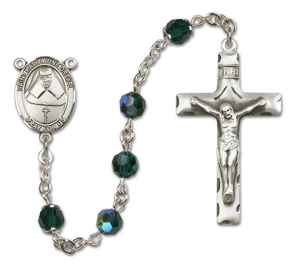 St. Katharine Drexel Sterling Silver Heirloom Rosary Squared Crucifix - Emerald Green