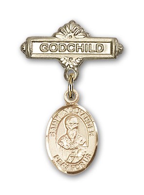 Pin Badge with St. Alexander Sauli Charm and Godchild Badge Pin - 14K Solid Gold