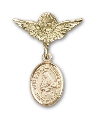 Pin Badge with Our Lady of Providence Charm and Angel with Smaller Wings Badge Pin - 14K Solid Gold