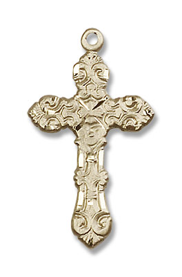 Ornate Fleur De Lis Women's Cross Necklace - 14K Solid Gold