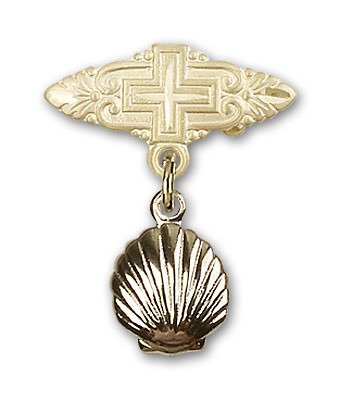 Baby Pin with Shell Charm and Badge Pin with Cross - 14K Solid Gold