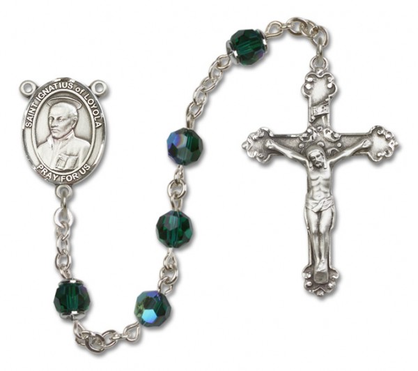 St. Ignatius of Loyola Sterling Silver Heirloom Rosary Fancy Crucifix - Emerald Green