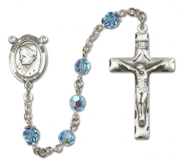 Pope Benedict XVI Sterling Silver Heirloom Rosary Squared Crucifix - Aqua