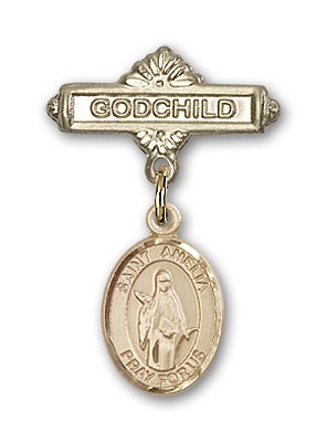 Pin Badge with St. Amelia Charm and Godchild Badge Pin - 14K Solid Gold