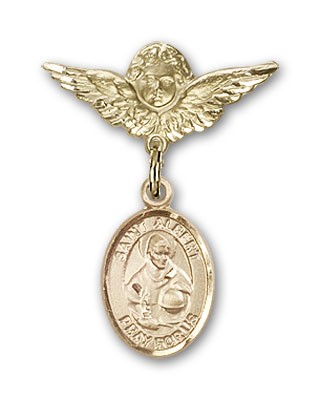 Pin Badge with St. Albert the Great Charm and Angel with Smaller Wings Badge Pin - 14K Solid Gold
