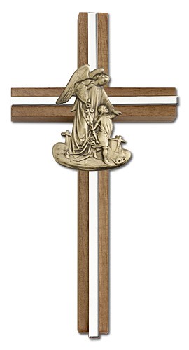 Guardian Angel 6&quot; Wall Cross in Walnut Wood and Metal Inlay - Two-Tone Silver