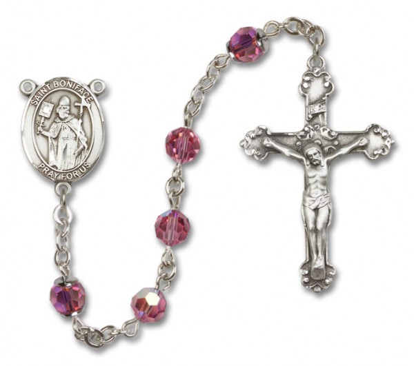 St. Boniface Sterling Silver Heirloom Rosary Fancy Crucifix - Rose