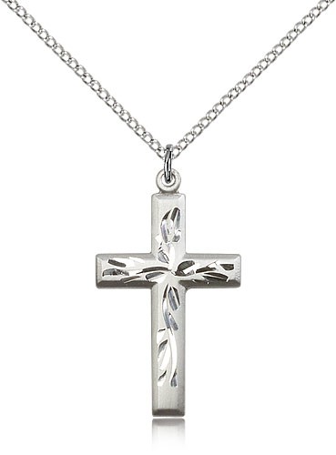 Women's Square Edge Cross with Vine Etching - Sterling Silver