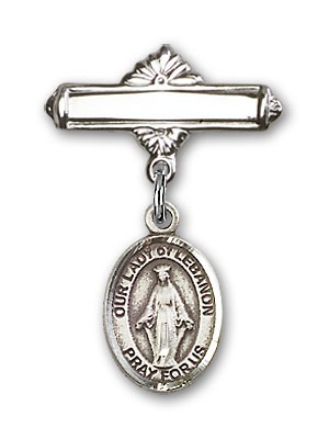 Pin Badge with Our Lady of Lebanon Charm and Polished Engravable Badge Pin - Silver tone