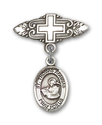 Pin Badge with St. Thomas Aquinas Charm and Badge Pin with Cross - Silver tone