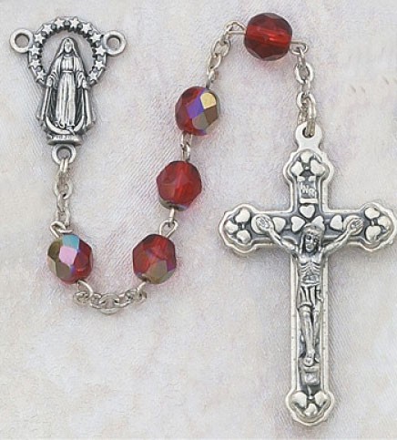July Birthstone Rosary (Ruby) - Silver Oxidized - Ruby Red