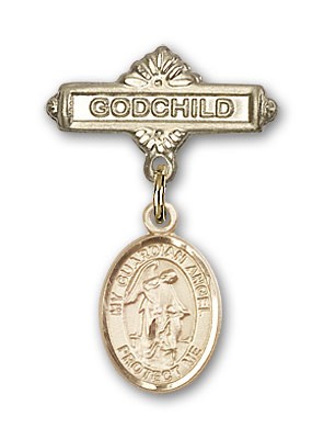 Baby Badge with Guardian Angel Charm and Godchild Badge Pin - 14K Solid Gold