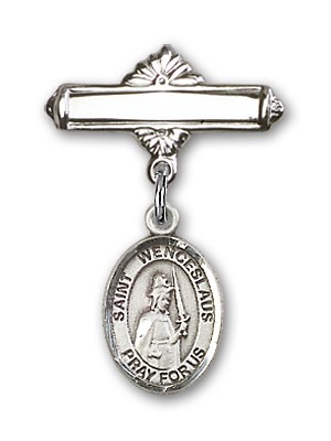 Pin Badge with St. Wenceslaus Charm and Polished Engravable Badge Pin - Silver tone