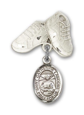 Pin Badge with St. Catherine Laboure Charm and Baby Boots Pin - Silver tone