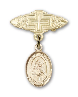 Pin Badge with St. Rita of Cascia Charm and Badge Pin with Cross - 14K Solid Gold