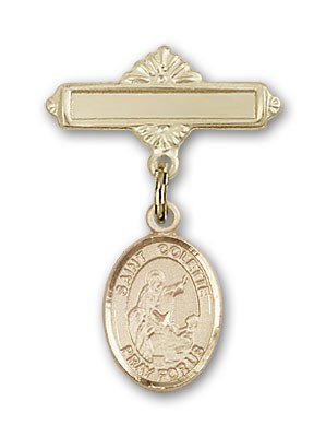 Pin Badge with St. Colette Charm and Polished Engravable Badge Pin - 14K Solid Gold