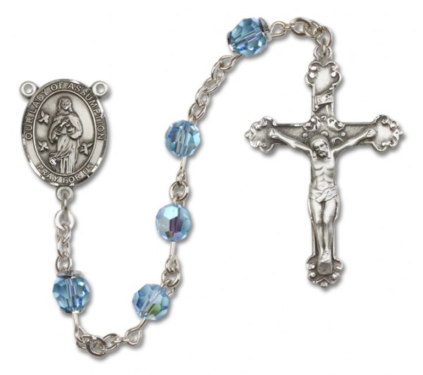 Our Lady of Assumption Sterling Silver Heirloom Rosary Fancy Crucifix - Aqua