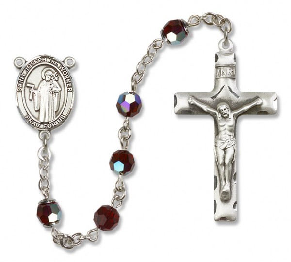 St. Joseph the Worker Sterling Silver Heirloom Rosary Squared Crucifix - Garnet
