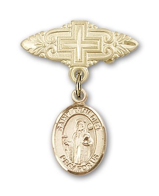 Pin Badge with St. Benedict Charm and Badge Pin with Cross - Gold Tone