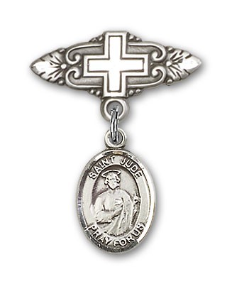 Pin Badge with St. Jude Thaddeus Charm and Badge Pin with Cross - Silver tone