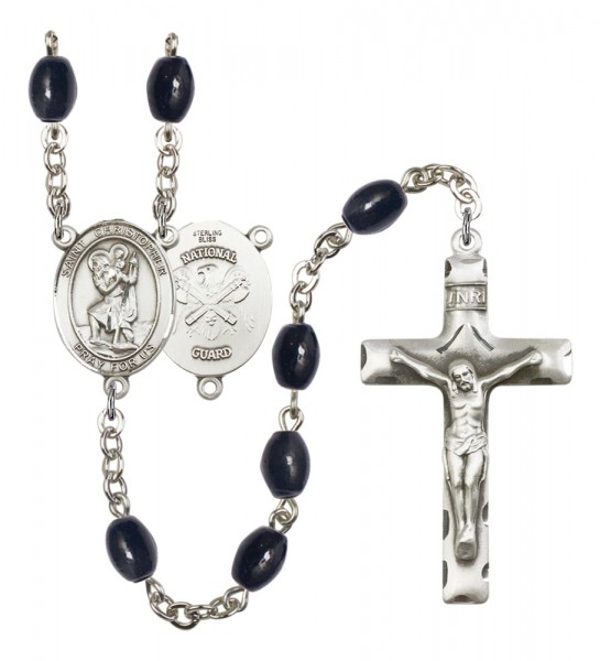 Men's St. Christopher National Guard Silver Plated Rosary - Black Oval
