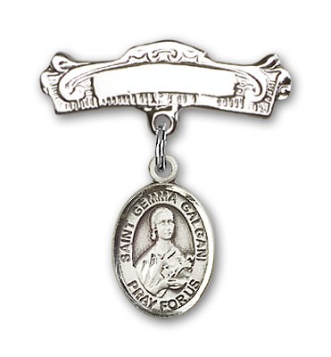 Pin Badge with St. Gemma Galgani Charm and Arched Polished Engravable Badge Pin - Silver tone