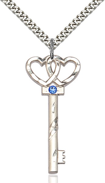 Larger Double Hearts Key Pendant with Birthstone - Sapphire