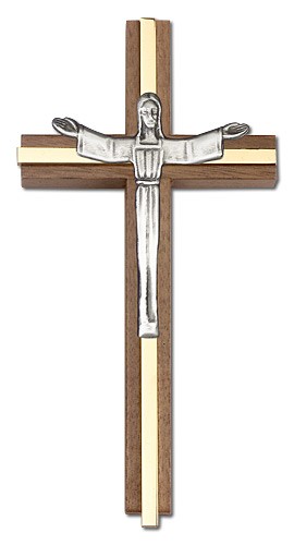Contemporary Risen Christ Wall Cross in Walnut and Metal Inlay 6&quot; - Two-Tone Gold