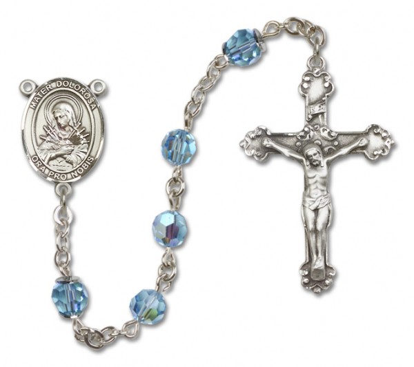 Mater Dolorosa Sterling Silver Heirloom Rosary Fancy Crucifix - Aqua