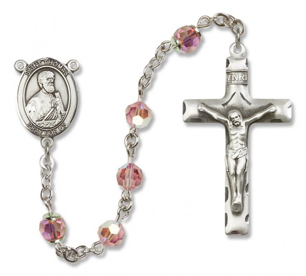 St. Thomas the Apostle Sterling Silver Heirloom Rosary Squared Crucifix - Light Rose