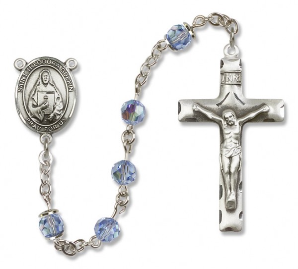 St. Theodora Guerin Sterling Silver Heirloom Rosary Squared Crucifix - Light Sapphire