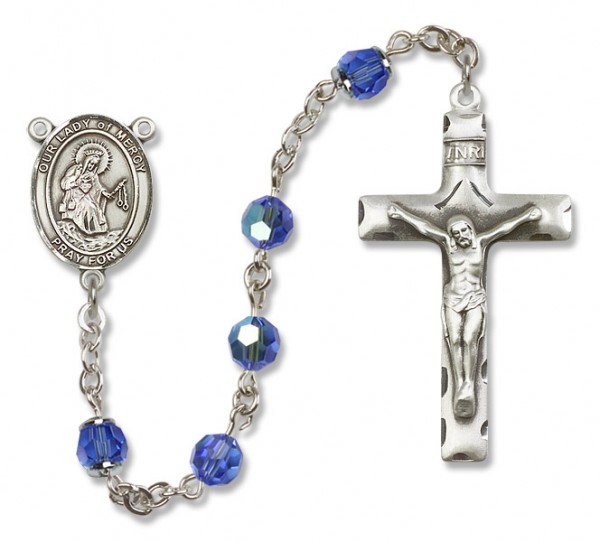 Our Lady of Mercy Sterling Silver Heirloom Rosary Squared Crucifix - Sapphire
