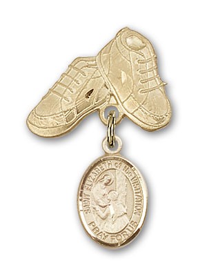 Pin Badge with St. Elizabeth of the Visitation Charm and Baby Boots Pin - 14K Solid Gold