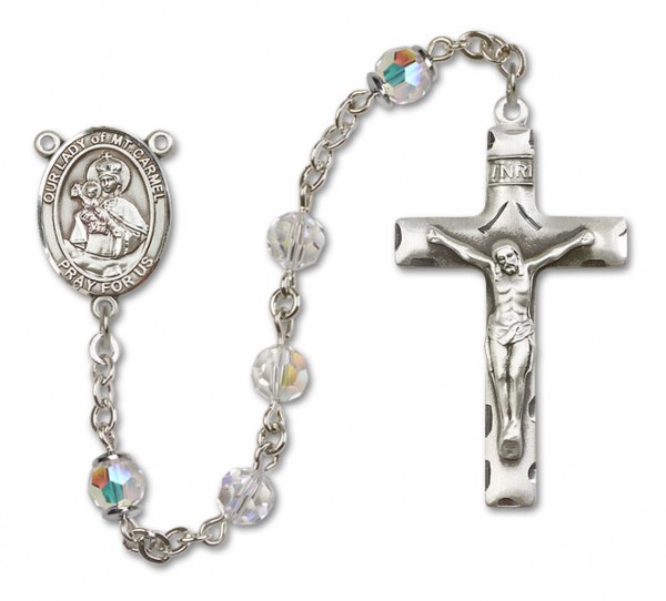 Our Lady of Mount Carmel Sterling Silver Heirloom Rosary Squared Crucifix - Crystal