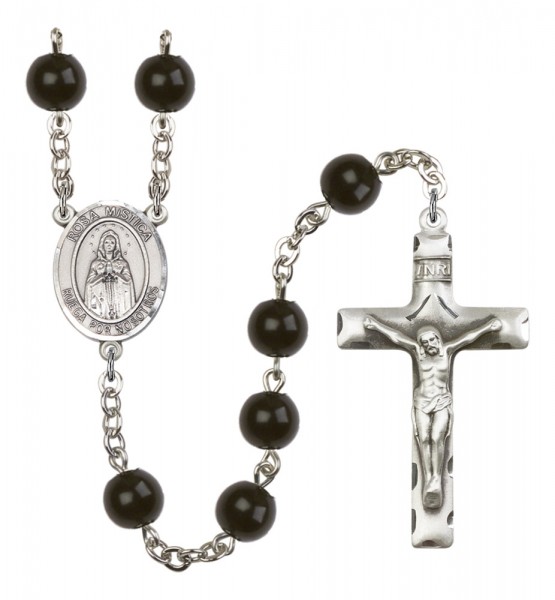 Men's Our Lady Rosa Mystica Silver Plated Rosary - Black