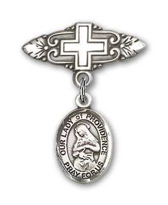 Pin Badge with Our Lady of Providence Charm and Badge Pin with Cross - Silver tone