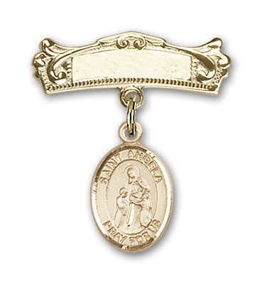 Pin Badge with St. Angela Merici Charm and Arched Polished Engravable Badge Pin - Gold Tone