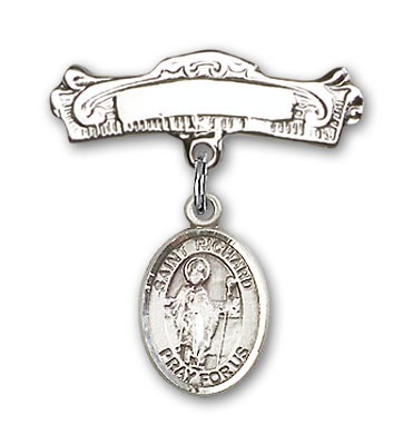 Pin Badge with St. Richard Charm and Arched Polished Engravable Badge Pin - Silver tone