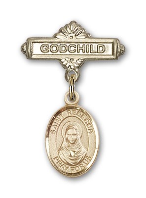 Pin Badge with St. Rebecca Charm and Godchild Badge Pin - 14K Solid Gold