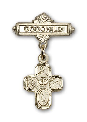 Baby Badge with 4-Way Charm and Godchild Badge Pin - 14K Solid Gold