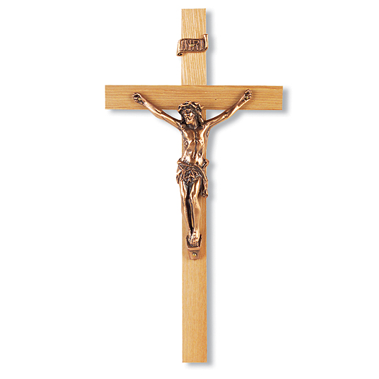 Square Edge Oak Wood Wall Crucifix - 9 inch - Brown